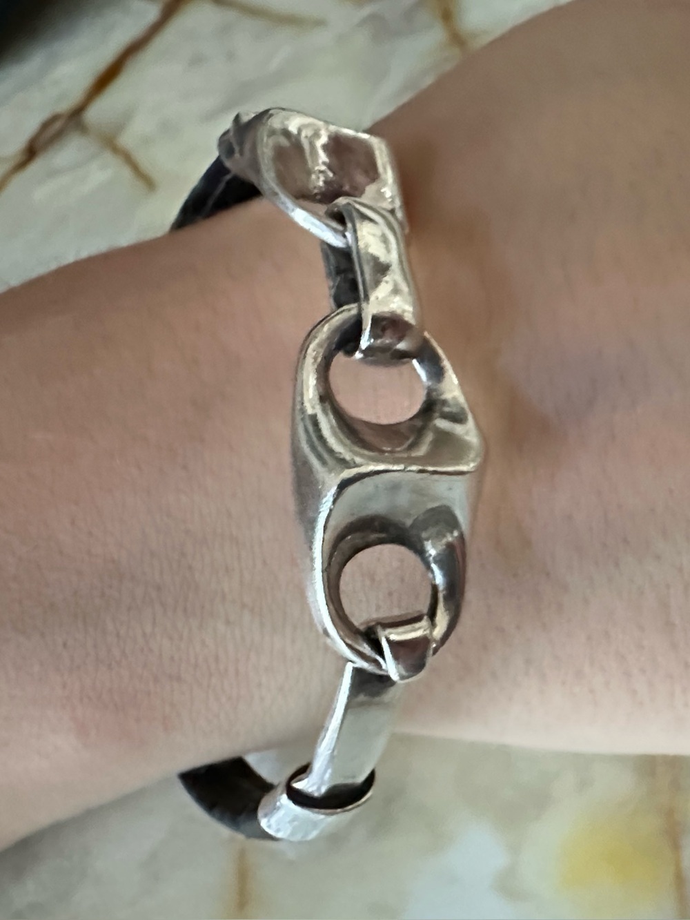 TANE 925 Sterling Silver Link Bracelet with Black Leather Accent​​​​​​​